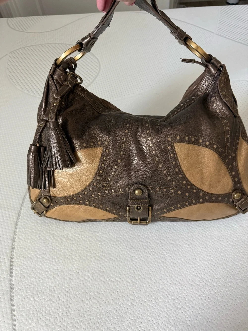 Isabella Fiore Metallic Taupe and Champagne Leather Hobo